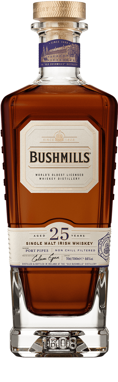 Bushmills 25 Year Old Single Malt 700ml bottle and presentation packaging